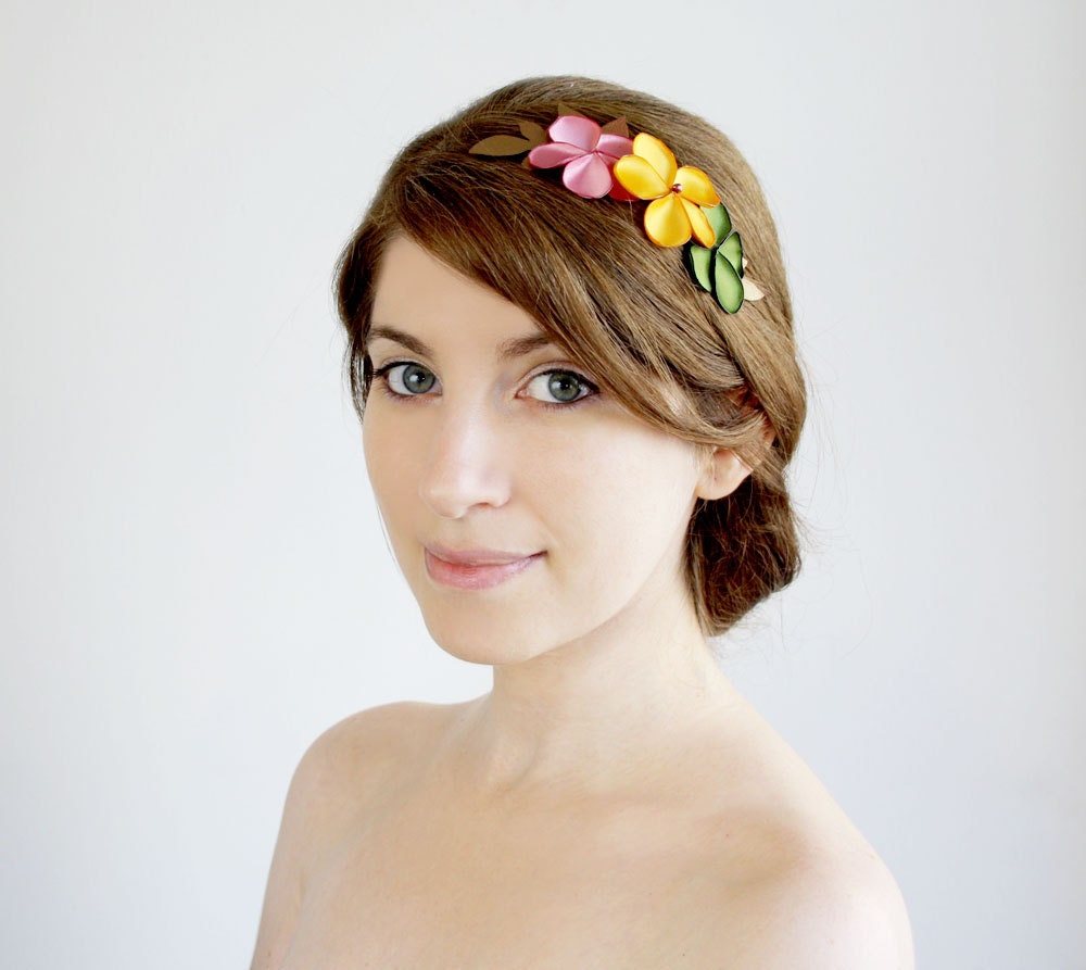 Spring blossom hair comb, flowers Hair accessory, Woodland head piece, pink yellow green flowers on a branch