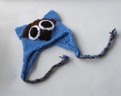 Owl Hat Baby Toddler Knitted Animal Hat in  Sky Blue and Chocolate Brown