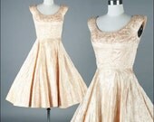 Vintage 1950s Dress . Metallic Gold . Pearl Trim . 1221