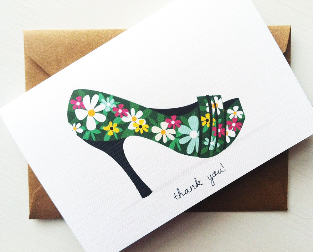Set of 4 - Spring Flowers Floral Fashion Shoe Thank You Cards