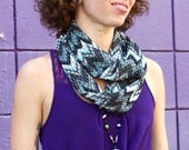 SALE /// Infinity SCARF -- blue . silver . grey . black // knit chevron triangle arrows -- unique gift clothing retro unisex