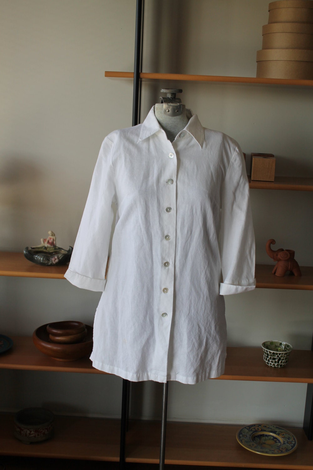 White Linen Shirt or Dress / French Style / Tunic Style Linen Shirt / Fitted Minimalist Shirt / La Redoute /Small