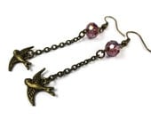 Rustic Crystal Bird Earrings - Dangle Antiqued Bronze Brass Chain Victorian Beaded