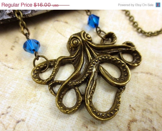 Spring SALE Octopus Necklace, Nautical Jewelry, Antiqued Gold Pendant Necklace, Sapphire Blue, Swarovski Crystals