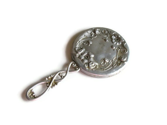 Fairest of Them All Hand Mirror Shabby Antique Aluminum Beveled Glass Embossed Flowers Scrolled Handle