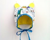 Baby Bonnet, Blue Yellow Multi Color Animal Circus, 6 months