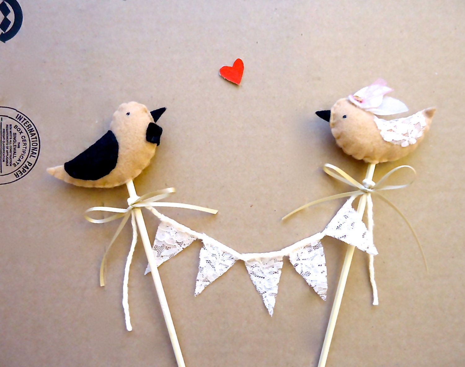 Bird Wedding Cake Topper. Romantic Bird cake topper. Tan birds on bamboo. Champagne lace bunting. Cottage chic wedding. Rustic wedding.