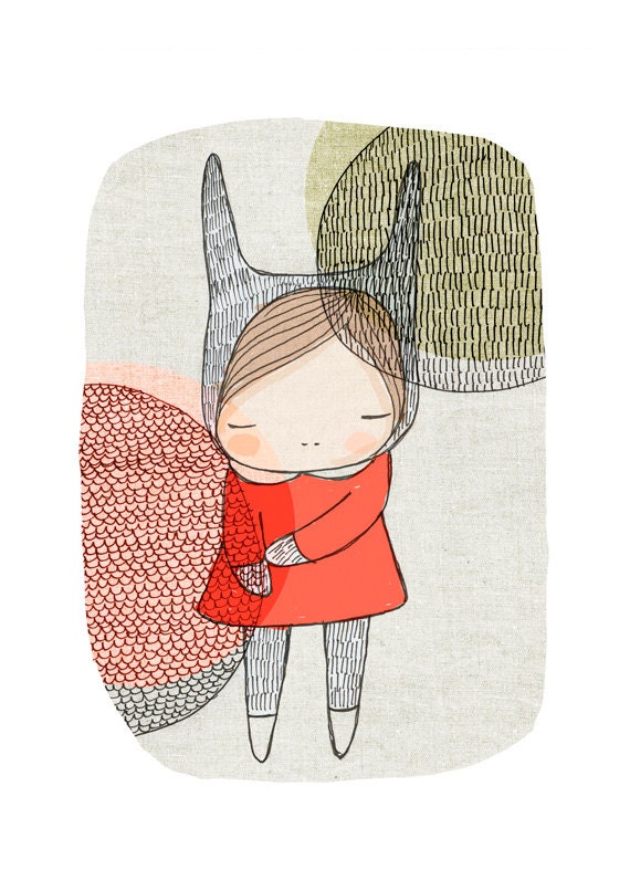 A3 Large Art Print - Kawaii Kids Bunny Rabbit with Circles Illustration