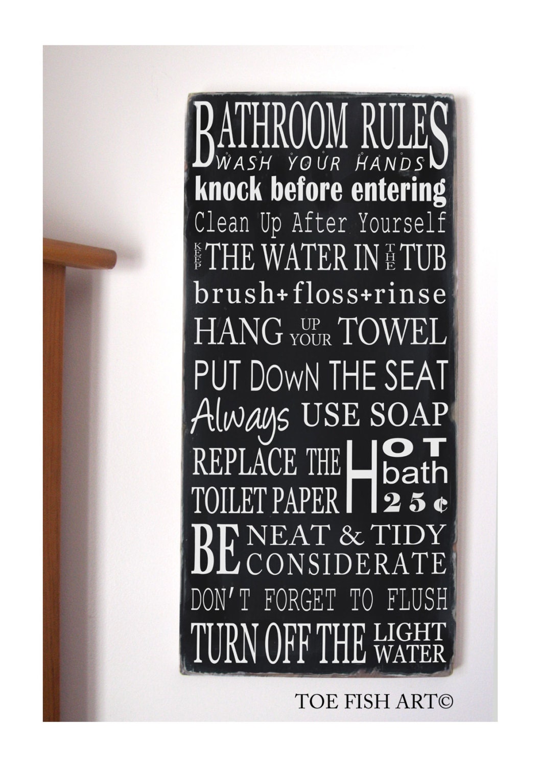 BATHROOM RULES - NEW Vintage Style Typography Word Art Sign- You pick the colors