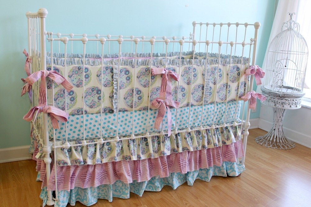Sweet Lilac & Turquoise Ruffle Crib Bedding