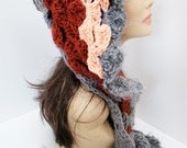 FREE SHIPPING - Crochet Hobo Hood, Hooded Scarf, Scoodie, Hoodie, Cowl, Wrap - Gray, Dark Red, Peach, Fuzzy Gray