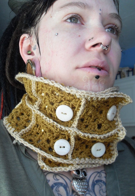 Brown and Tan Square Style Crochet Neckwarmer Scarf