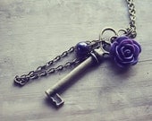Violet Purple Rose - Bronze Key Charm Necklace