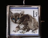Vintage Postage Stamp Art Ephemera European Grey Shorthair Kitten Cat pendant Original Vintage miniature typography art