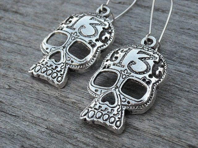 Lucky 13 Silver Skull Earrings, Day of the Dead, Punk Rock, Rock n Roll, Heavy Metal, Gothic Earrings, Gothic Jewelry,