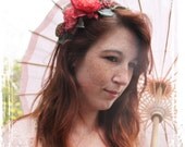 Poppy And Pepper Berry Head Band - Wedding Crown Halo - Weddings Tiara - Salmon Pink Sage Green -  Floral Bohemian Bridal