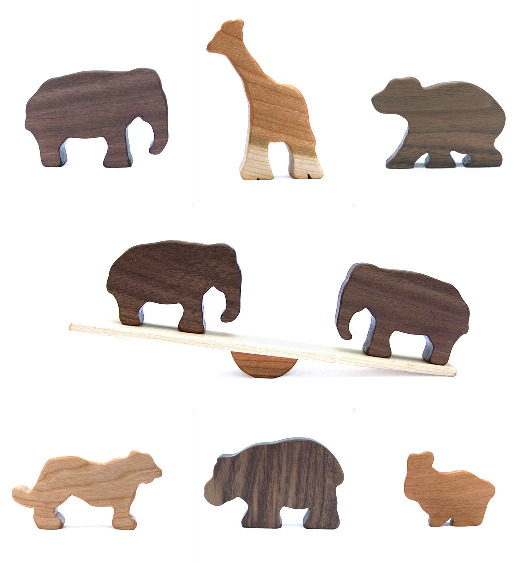 Animal Seesaw, Wood Toy Balancing Game, Elephant, Giraffe, Bear, Lion, Hippo, Bunny.