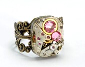 Steampunk Ring Steampunk Jewelry Vintage Watch Ring Rose Pink October Birthstone Antique Brass Steam Punk Jewelry By Victorian Curiosities