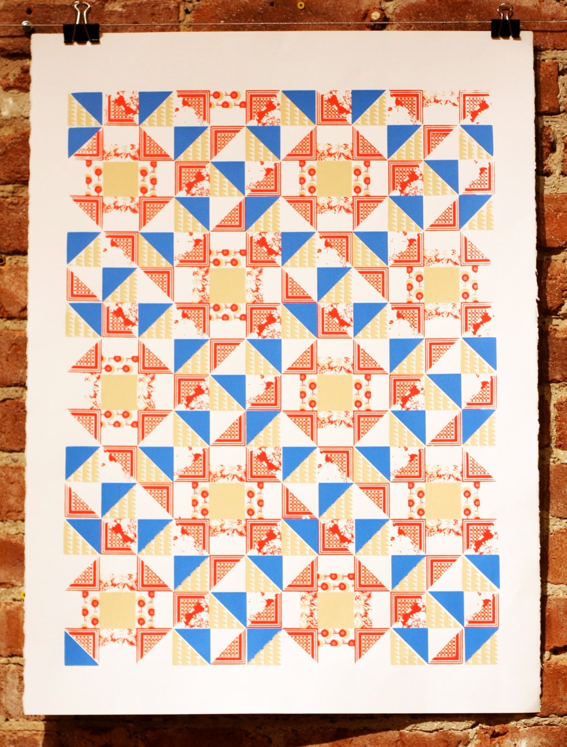 Hand Pulled Quilt Screen Print - Red, Blue, Beige,