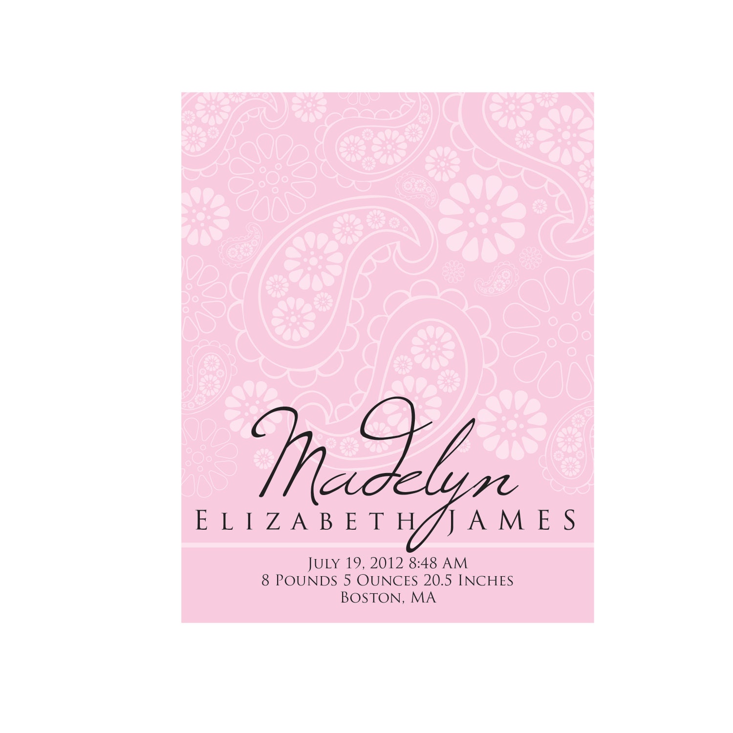 Baby Name Art, Birth Announcement, Baptism, Christening, Wall Art, Wall Art, Baby Birth Print, Personalized, Kids Wall Art, Paisley Nursery