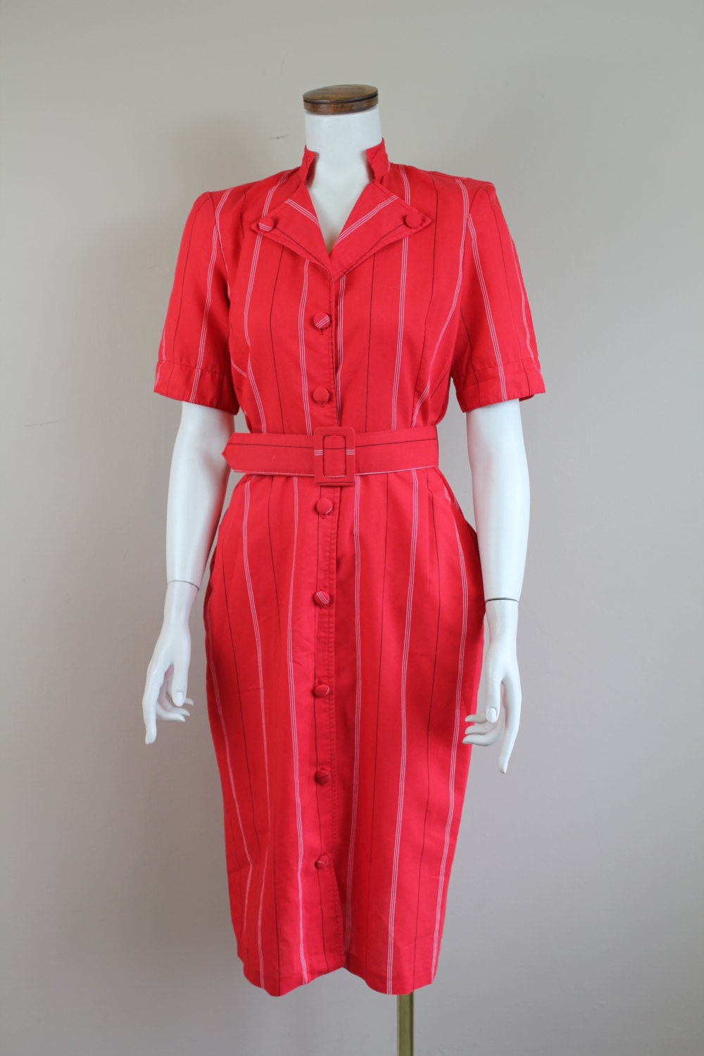 50s / 60s Style Red Pinstriped Hour Glass Button Up Belted Dress