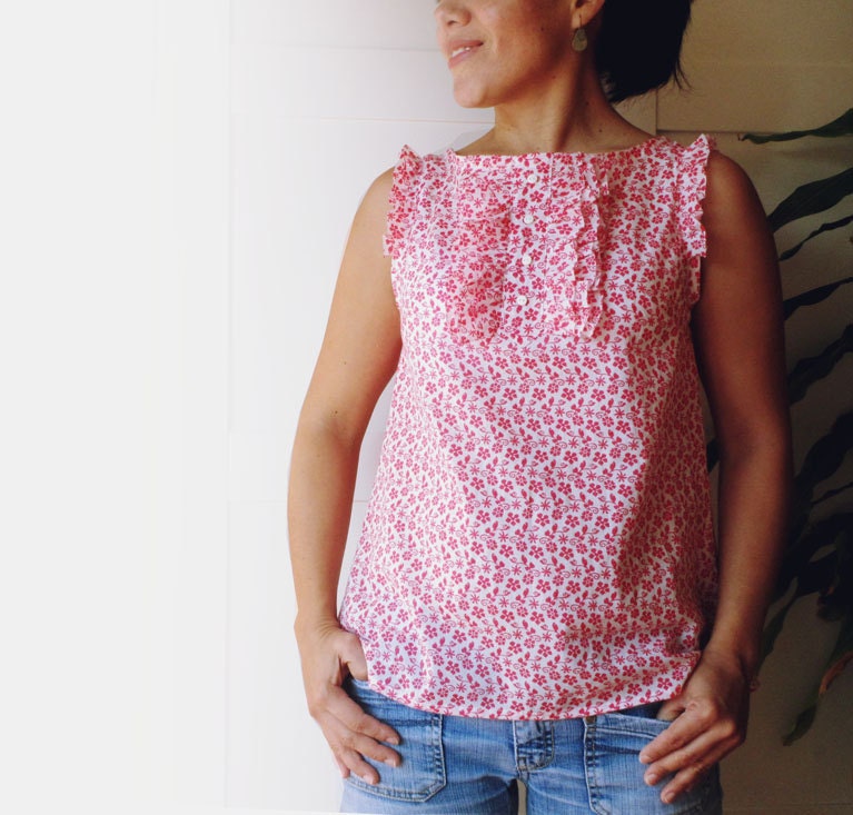 Sleeveless ruffle shirt french voile 100% cotton. Spring summer wear. Sizes US S, M, L. Made to order.
