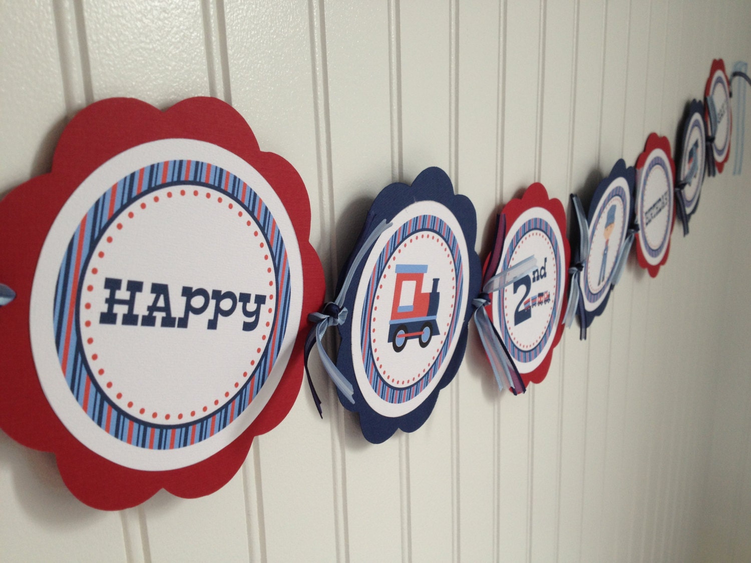 Train Themed Birthday Party Banner - Happy Birthday Banner - Navy- Red - Blue - White Il_170x135