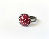 Red Amanita mushroom Ring - clay Speckled white garnet cherry red fairy  toadstool adjustable Woddland jewelry Gift for her Valentine idea.