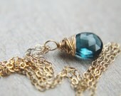 Blue Topaz Necklace - 14k Gold Wire Wrapped Gemstone Pendant Delicate Small Handmade Jewelry Gifts for Her.