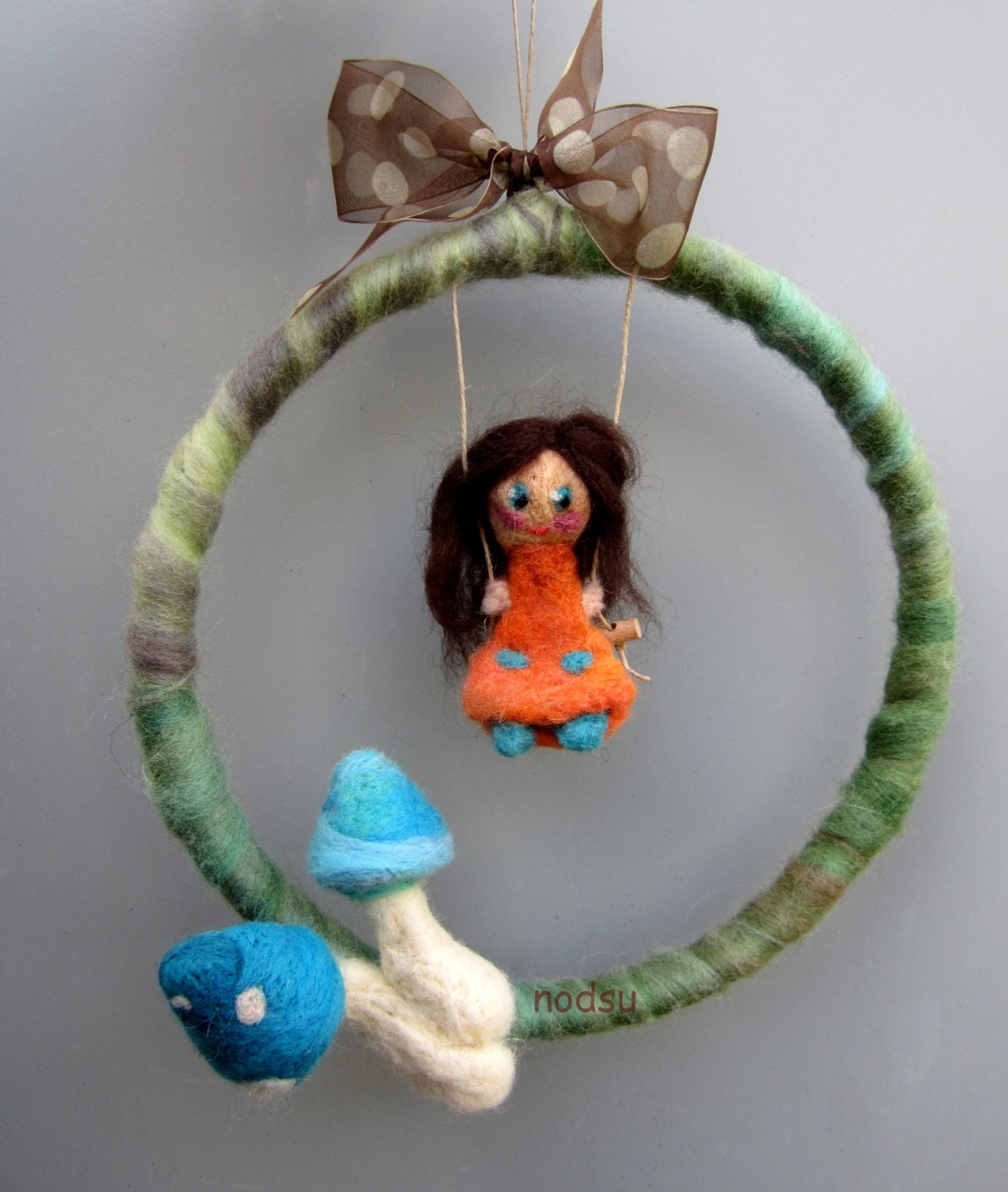 baby mobile, waldorf style, swinging girl, Nursery, orange blue toadstools woodland theme natural wool