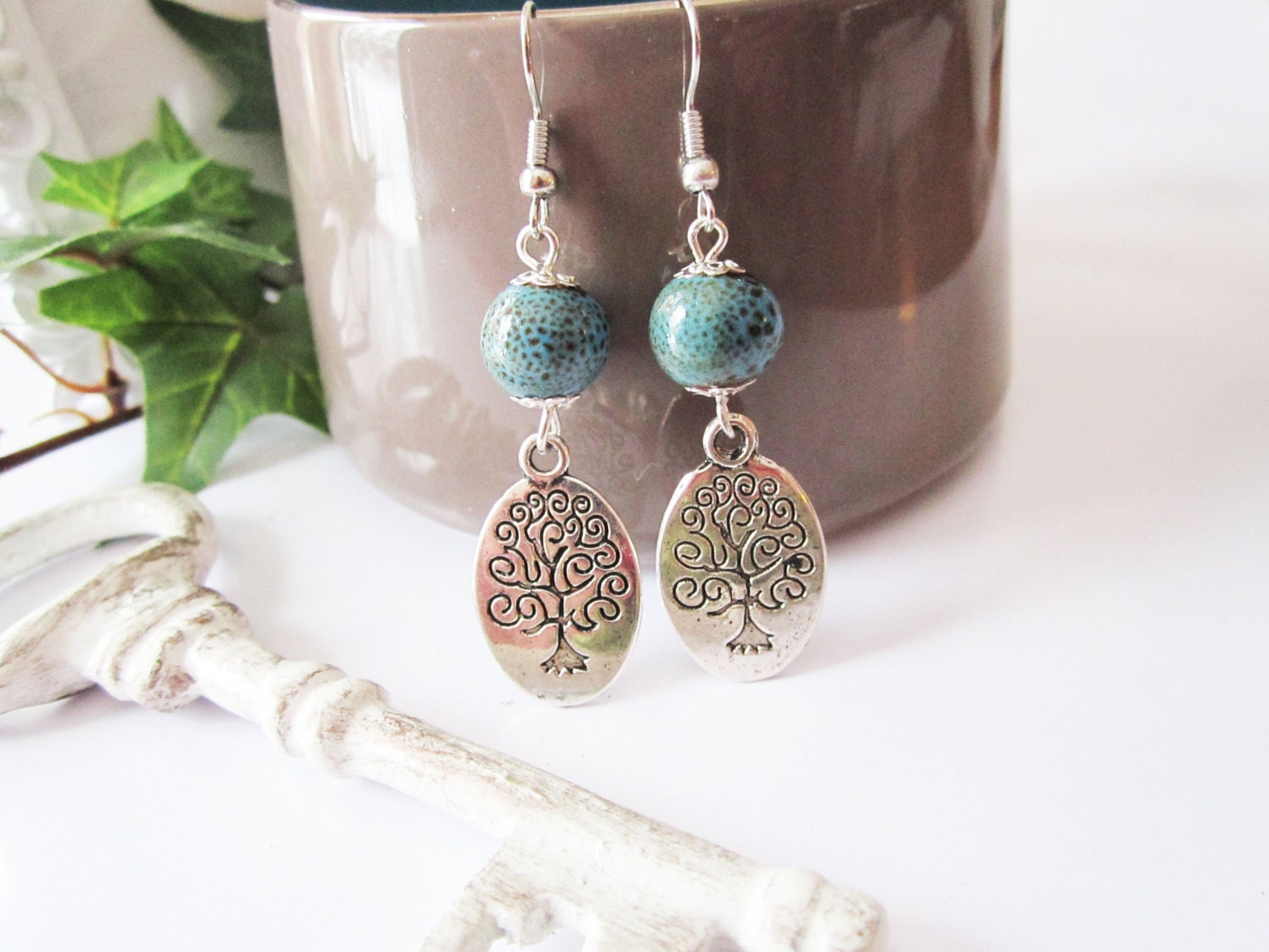 Tree of Life Earrings Silver - Ceramic Bead - Shabby Chic