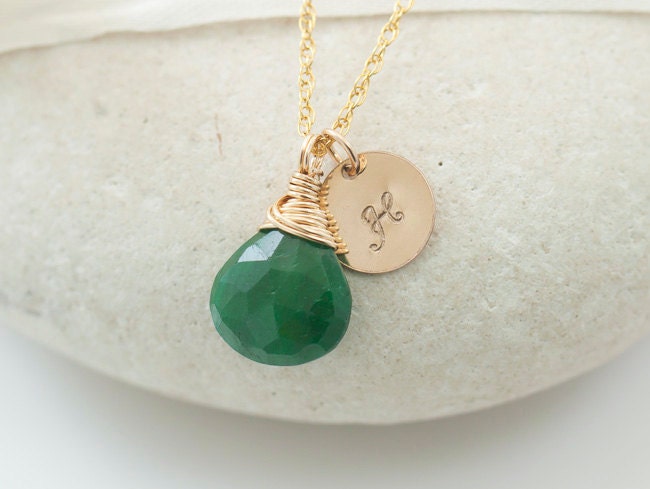 Emerald Gold Necklace, Personalized jewelry letter charm, Gold Initial Necklace, May Birthstone Jewelry, bridesmaid gifts