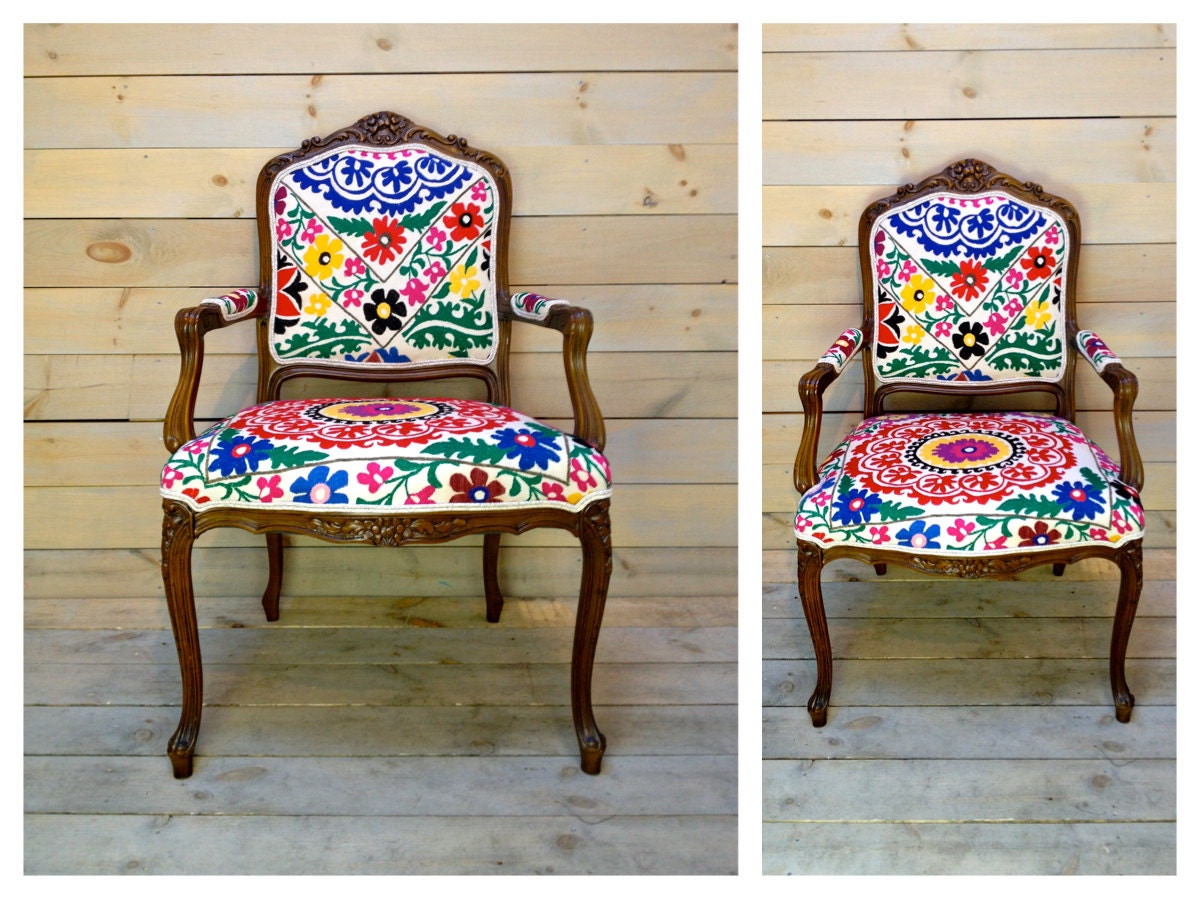 Brightly Stitched Suzani Upholstered French Carved Arm Chair