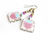 Springtime Scandinavian pattern tile earrings. Nordic flower. Pink and white scandinavian flower.