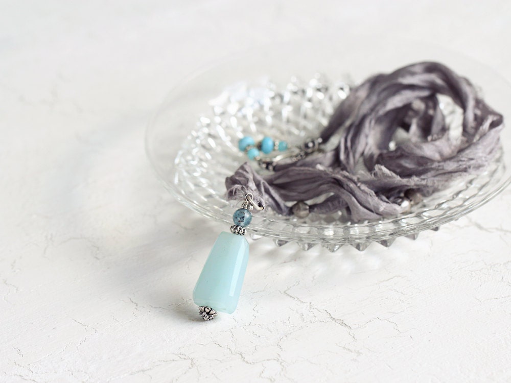 Blue Chalcedony Necklace - Silk Necklace / Blue Chalcedony Pendant on Silk / Gray Blue Necklace / Soft, Sensual, Textured, Bohemian Jewelry