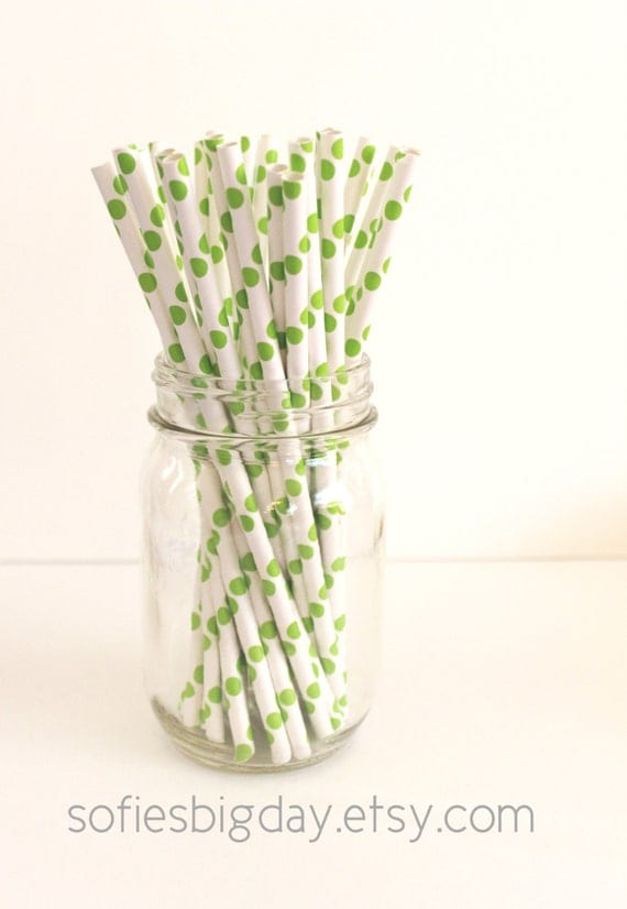 GREEN DOT Straws- green polka dot straws- cake pop sticks- paper straws with Printable Flags-25 count Il_570xn