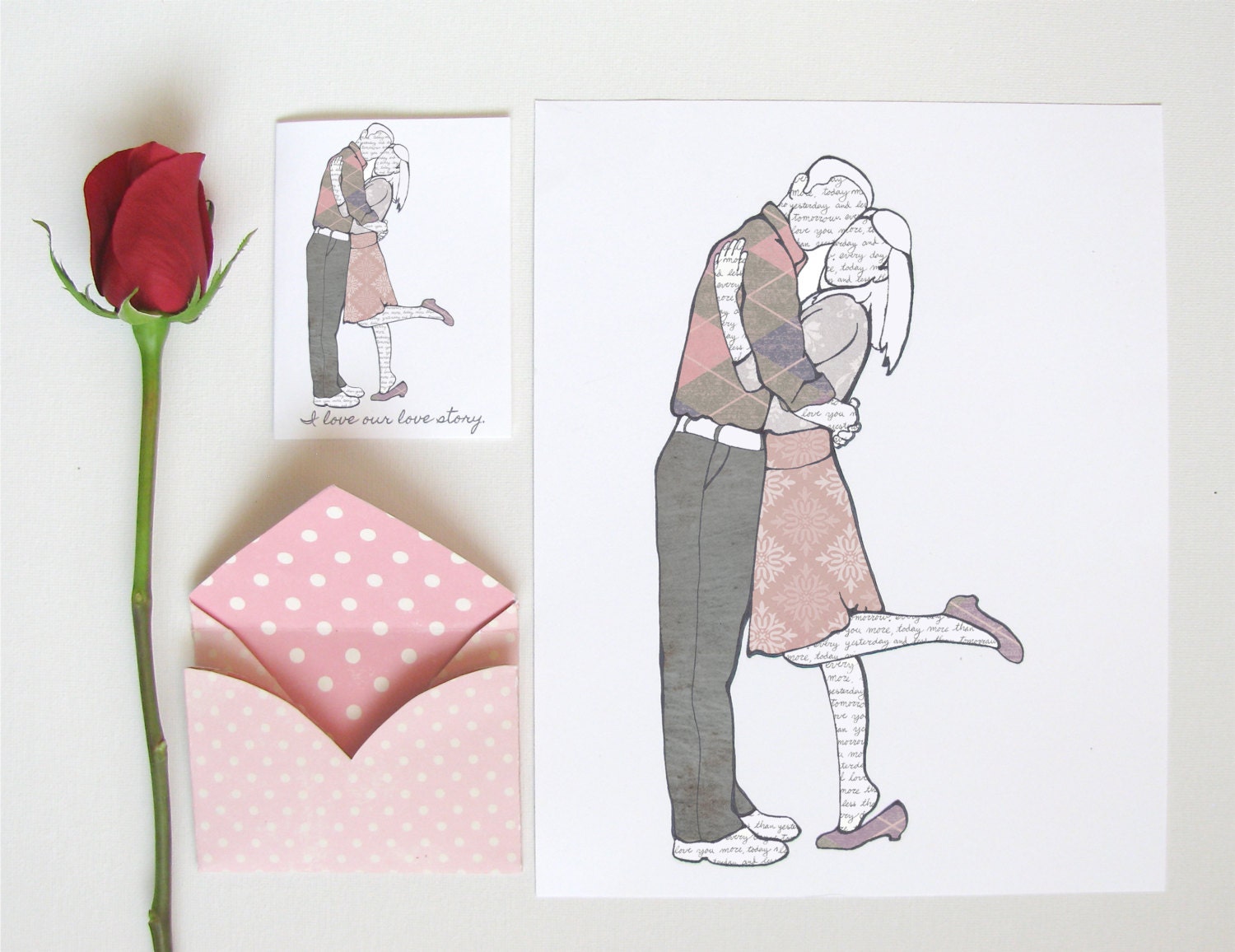 Custom Couple Illustration from your Photo and Love Note,  PRINTABLE FILES 8x10 art portrait, card and envelope. Anniversary gift.