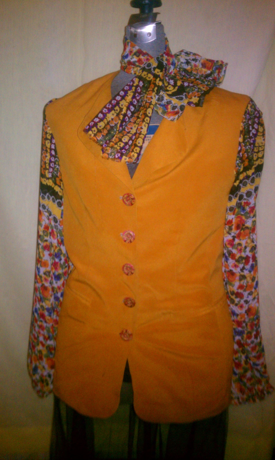 TMD: 100% silk orange sunburst sheer  floral sleeves, trendy fitted long blazer, or mini dress med