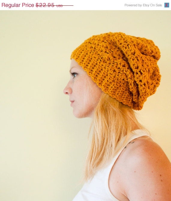 SALE Slouchy hat beanie crocheted - mustard yellow goldenrod - wool