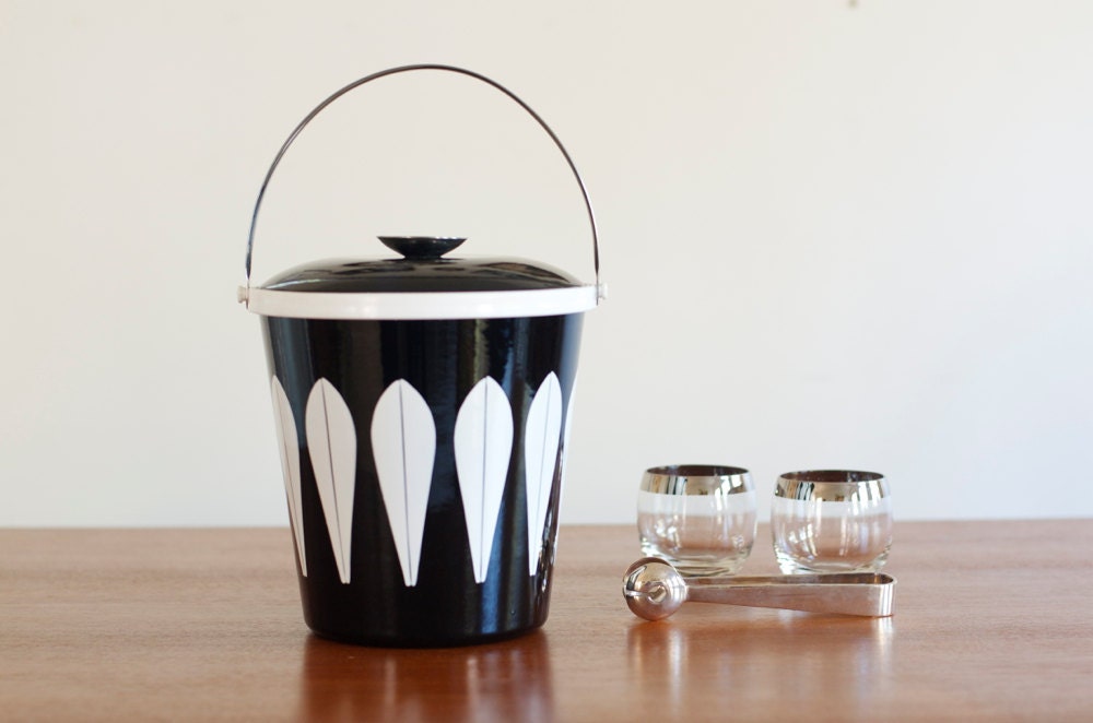 Rare Black Cathrineholm White Lotus on Black Ice Bucket - Mid Century