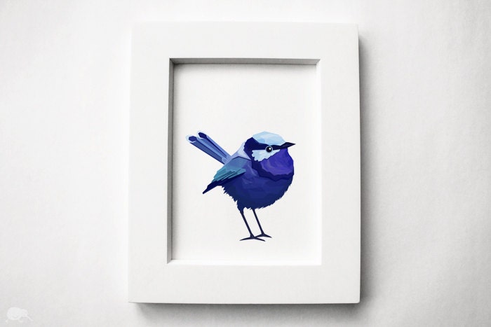 Blue Wren, Blue Spring Bird Geometric art, Minimal, Bird Print, Original illustration, Art, A4, A3, A6, A5