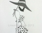 Polka Dot Bikini, Fashion Illustration, 1960s Mod Summer Beach Decor, Original Pencil Drawing