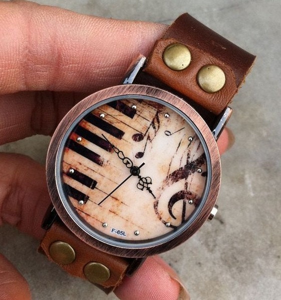 Retro style watch,Piano patter wrist watch bracelet, Brown Leather Bracelet  Watch, Handmade Women's Watch, Everyday Bracelet  PB025