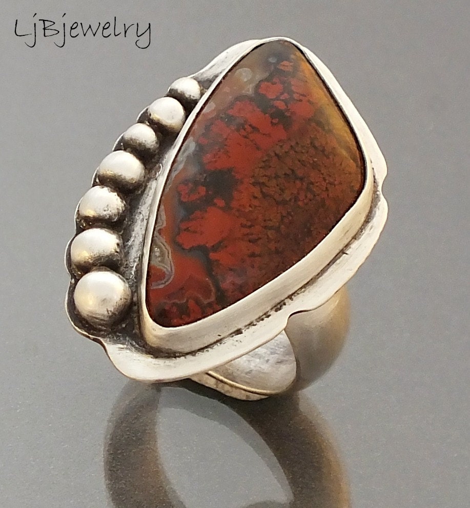 Sterling Silver Ring, Gemstone Ring, Sonora Plume Agate, Red Stone Ring, Cocktail Ring, Size US 6.25