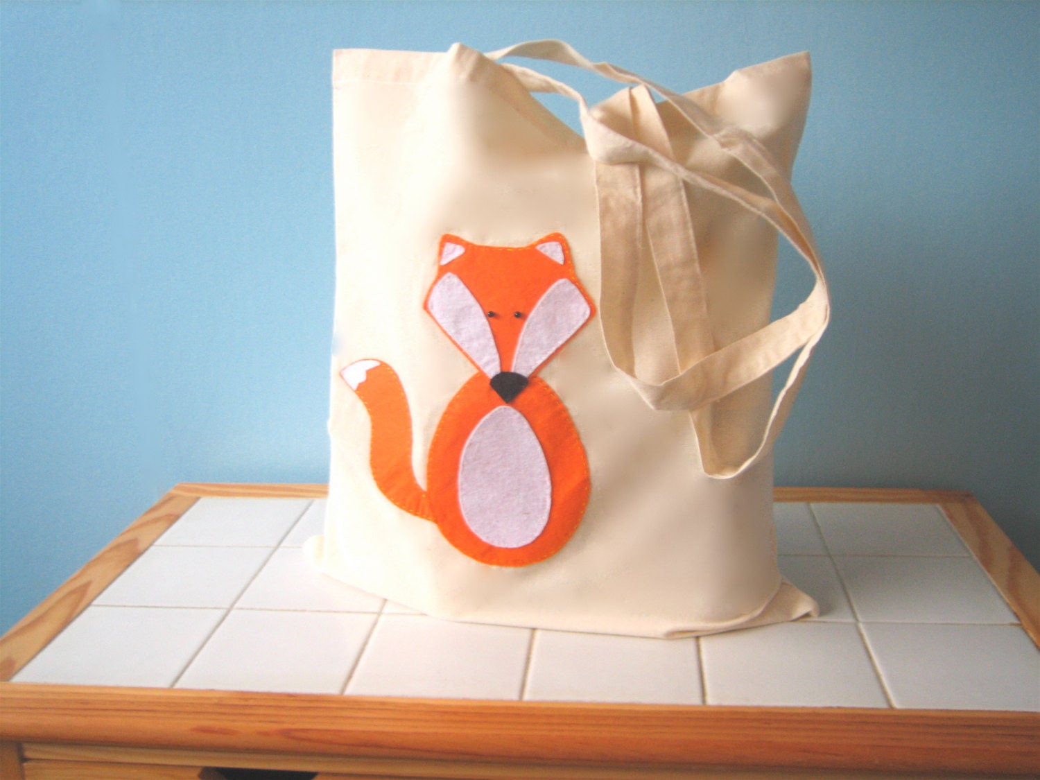 Mr Fox Hand Embroidered Felt Applique Long Handle Cotton Tote Bag