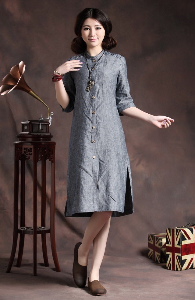 Linen Shirt Dress Denim Shift Dress with embroider on Shoulder - Custom