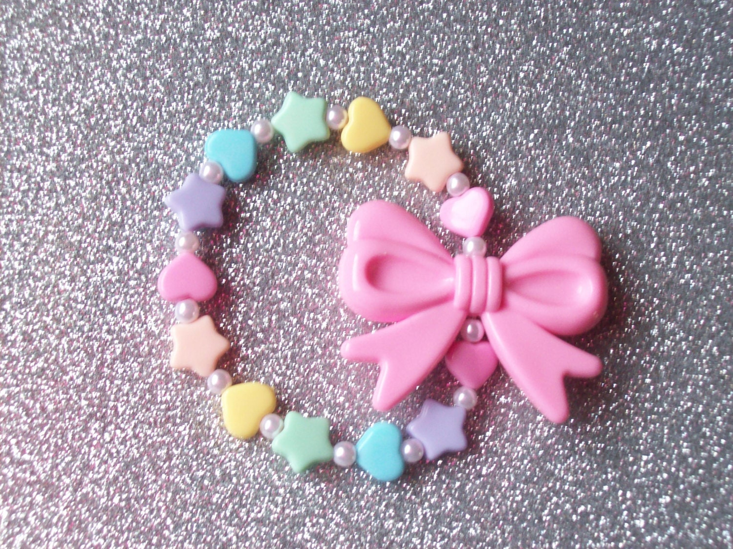 Sweet Charms - Pastel Rainbow Hearts Stars and Bow Stretch Bracelet