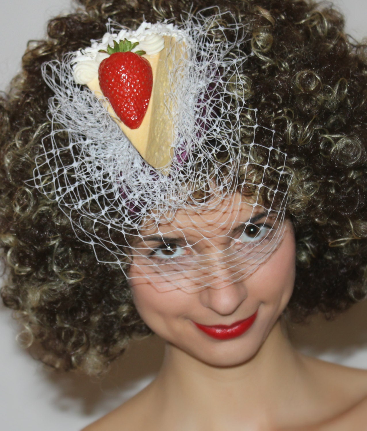 Purple and White Veiled Fascinator - 'Strawberry Cheese Cake'