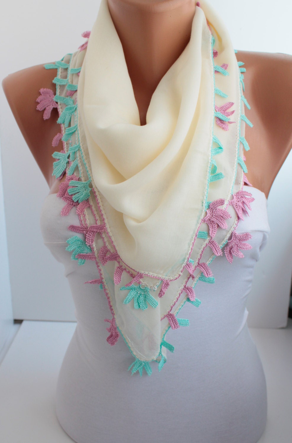 NEW- Cremy Shawl Scarf  Oya Headband- Crochet edge scarf- cotton scarf- headband scarf