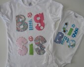 Big Sis Lil Bro Brother and Sister Sibling Set Hand Stitched Whimsy Paisleys Hot Pink Green Blue Gray Turquoise Unique